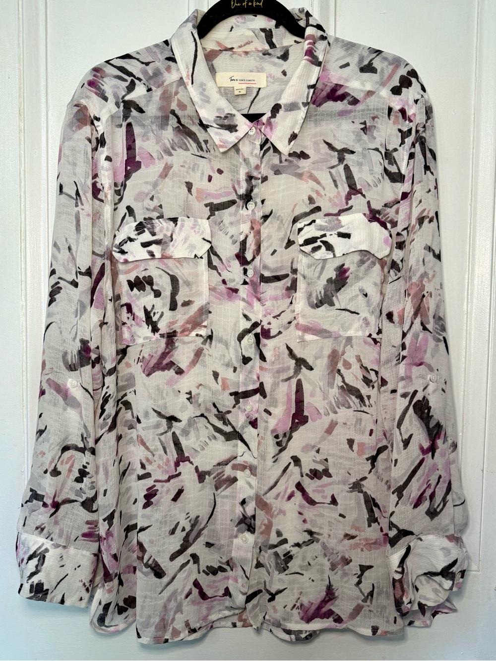 TWO by Vince Camuto Abstract Sheer Button Down Blouse - XL